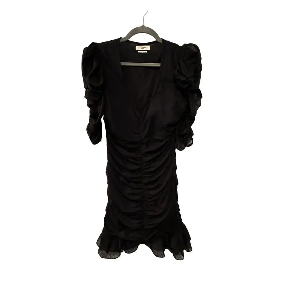 Isabel Marant Etolie 6 Sireny Puff-sleeve Mini Dress $590 Ruched Cotton Black 38